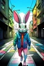 Placeholder: Anime illustrated cool elongated rabbit walking down street wearing a denim jacket, slender, long ears, cartoonist, eyes are half closed, hazy, stoned, pastel rainbow, pastel gothic theme, surreal fantasy illustration ,digital illustration, manga drawings, cartoonist, exaggerated,, optical art, symbolism, psychedelic, holographic, smooth, dadaism, chrome,