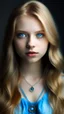 Placeholder: bleu dress , Age 22, girl, white Complexion, light brown eyes, almond eyes shape, long hair, blonde silky hair, square face, button nose,bleu evil eye necklace