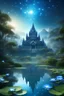 Placeholder: lost temple aztec of a magic lake full of lotus flowers and fairytale castle in the background with sparkling white stars tiny electric blue butterflies