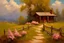 Placeholder: Clouds, cabin, spring trees, little pathway, fence, flowers, john singer sangent impressionisn painting