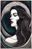 Placeholder: create an imaginative, highly abstract woodcut of an ethereal, otherworldly seductive ancient female Lasombra vampire , in the style of Gabriela Jolowicz and M.C. Escher