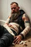 Placeholder: a very sad hurt swedish motorcycle gang man with beard, he is covered all the body with bandage and are in deep pain, bandage all over him, cripple, lying on the floor