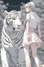 Placeholder: junji Ito ~ shintaro kago ~ apollonia saintclaire ~ saturno butto ~ anime woman posing. standing next to giant fierce white tiger. anime style alluring. cute, amazingly girly. Cute. anime girl. unrealistic feminine anatomy, very feminine pose. Gorgeous features . Hyper detailed. High definition. Anime style. HDR. 8k. This contrast between the fantastical character and the more bold color scheme and elements gives the piece an intriguing narrative quality. painted realism, photorealistic, fantasy