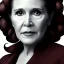 Placeholder: half-length portrait, three-quarter face pose of carrie fisher as Princess Leia with photo realistic fine and very simple short hair, entrancing deep brown eyes, eos5d mark 4, ef 85mm 5.6, Intricate, High Detail, Sharp focus, realism, beautiful and detailed lighting, by Annie Leibovitz