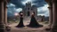 Placeholder: Hyper Realistic photographic-view of an extremely-Handsome-Muscular-Man In Black-tuxedo & beautiful-woman-with-long-black-hair-&-black-gown both-getting-romantic in the middle of an ancient-prehistoric-castle-ruins with wedding-setup & UFOs on cloudy-maroon-sky with thunderstorm giving it a dramatic & cinematic ambiance