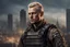 Placeholder: photorealistic portait of henry cavell as mercenary with blonde undercut tribal tattoos wearing modern mercenary uniform cityscape