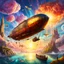 Placeholder: A zeppelin flying in a fantasy sky next to fantasy creatures. Light, Sunset, Happy, Fantasy. Magical. Epic. Dramatic, highly detailed, digital painting, masterpiece