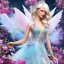 Placeholder: Fantasy fairy with transparent wings, smiling, make up, long platinum blond hair with crown and flowers, blue dress, flowering background