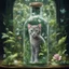 Placeholder: a lttle cat symmetrically centered, secures itself within a transparent glass bottle,contrasting with the wealth of verdant flora encasing it. teems within the confines, leaves, stems, and petals vie for space, an intricate greenery around the elefant. The glass bottle itself, clear captures the spectacle with a kind of crystalline magnification effect art by greg rutkowski, sarah kay and mark keathly