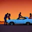 Placeholder: muscle car, man and woman kissing, desert road, sunset, full colour,