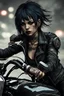 Placeholder: scarred cyberpunk vampire girl with tribal tattoos short cropped cyberpunk hair riding a black cafe racer motorcycle in a post apocalyptic wasteland at 3 am