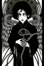 Placeholder: 7 year old boy, necromancer, friendly, looks dead,with a lamprey serpent , wearing black robes, in the style of Harry Clarke