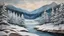Placeholder: Papier Mache, paper layers, muted color, a magical winter landscape with a lakeshore