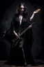 Placeholder: pretty goth girl(dressed in black flowing robes) facing viewer, playing electric rock guitar, leaning back, dark background, photo realism