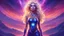 Placeholder: Full body portrait of a peaceful ((smiling)) gorgeous blonde Goddess of the galaxies with a blue indigo purple skin, high skul, luminous eyes, she is in a galactic sunset with a mothership in the sky behind.