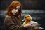 Placeholder: Beautiful golden red hair girl holding duck portrait in ochre, moody, somber, desaturated colors