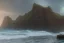 Placeholder: Small shipwreck at beachside overlooked by a craggy cliffside, fantasy, mystical, lightshafts