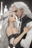 Placeholder: Strahd Von Zarovich being kissed on the neck by a beautiful woman with white hair, wearing an off the shoulder dress. Settling and background are a lavish toomb with an ebony coffin.