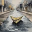 Placeholder: Close up of a simple paper boat floating on rainwater runoff down a suburban street toward a storm-drain on sidewalk, watercolor and ink painting with loose brushstrokes, dark background, dramatic, beautiful, unsettling, eerie, minimal, by Roberto Matta