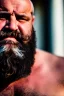 Placeholder: close up photography, dirty burly chubby Italian strong 48 years old homeless man, spitting milk from mouth, dripping on the beard, with dirty tank top, emotional eyes, manly chest, photo, Canon EOS, lens 35mm, natural lights, 8K, in the morning