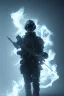 Placeholder: All Black british soldier, ghost, wearing high tech skull mask, white smoke, dark, rage, sorrow, high definition, ultra 8 k, volumetric lighting, blue fire, fog