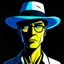 Placeholder: Gustavo Petro, comic style artwork, dark yellow, black and blue, wearing a wide-brimmed hat, wearing a white shirt, calm ando serious