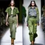 Placeholder: Women model catwalk wearing cargo jeans with patch with twill armor jellow and green