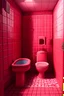 Placeholder: a realistic photo of a bathroom with red tiles and a shower with a pink toilet