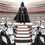 Placeholder: Create a beautiful illustration that showcases Darth Vader, adorned in his iconic black cape, standing triumphantly on the highest Olympic podium as the undisputed champion. Flanking him on two lower podiums are two white-clad Stormtroopers, looking sullen. Set this scene against a white background.