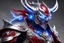 Placeholder: silver and crimson lightning raijin knight, blue electric horns that sprout forwards, a silver mask that covers the lower face