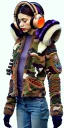 Placeholder: Brunette woman. average body type. Mantle is sewed of recycled Denim and sewed together of camouflage pieces. Camouflage colors are orange,terracotta, cream and purple. It is with big bright purple felt tippet and cream-colored-hood. mantle is merged with satchel. . AKG-style headphones (gold rings!) is merged with small felt cap with small visor. Style: Haute Couture in 1936, Paris fashion in 2023, inspired by street art. Cream latex gaiter. Her head and rest body!