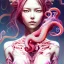 Placeholder: Asian woman, leaning pose, latex suit, pink short hair, octopus, style <Yoji Shinkawa>, Bones, watercolor illustration by <agnes cecile> squid, plants, wildflower, intricate detail , portrait, high lighting, Gradient background,