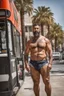 Placeholder: half figure photography of a 44 year old stocky burly arab , shirtless, bulging shorts,at a bus stop, hands on the fap, big shoulders, hairy chest, tattoo, very virile, short beard, short hair, side light, in a sunny street, photorealistic