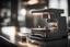 Placeholder: A photo of a modern espresso machine made by Islamic design backlit with a full depth of field