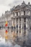 Placeholder: Typical Germany, Reichstag architecture, one small German flag hanging on the facade of the building. People on the street are reflected in a puddle on the asphalt. Watercolor style. 8k quality