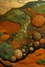 Placeholder: Illustrate a painting made of rich, fertile soil or clay. Within this material, depict the raw potential of creation. Use textures and earthy tones to convey the grounded nature of the material. a paintings that shows earth while using earths materials. make it not too abstract and with a theme present