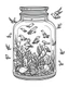 Placeholder: birds on tree life in jar minimalistic, line art, background, vector, svg, coloring book page style, black outline on white background