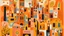 Placeholder: A light rosy orange colored tiny blocky city designed in Australian aboriginal art painted by Pablo Picasso
