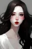 Placeholder: A girl with sharp, beautiful features. Her skin is pale white. Her eyes are red and black color. Her body is slim and long. Her hair is black and wavy.