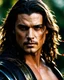 Placeholder: Orlando Bloom x Jason Mamoa as handsome male alpha warrior age 25 with shoulder length hair and a goatee. dark fantasy