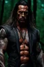 Placeholder: Jason David Frank Very muscular man with long hair and tribal tattoos in armani suit in forest, realistic face, close-up, brutal, dark fantasy, smoke in the sky, lightnings, rain, intricate details, hyper detailed