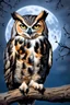 Placeholder: a horned Owl sitting on branch in oak tree with full moon behind it