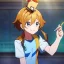 Placeholder: Clear focus, High resolution, a anime kid, cute, cartoony style, smiling, anime screencap, hair between eyes, holding a pencil, small forhead, female, medium length hair, long locks