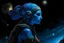 Placeholder: a blue twi'lek with a lekku on left and right side of her head, in tattered clothing from behind, looking up at the night sky at the Star Wars entity abeloth, as she descends from the sky, a swirling blue portal behind her far away in the sky