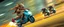 Placeholder: hi speed rocket ship on leaning scooter in a swing, coated rat gremlin captain in high speed pursuit among neon spy vs spy rat cyber soldiers, with background motion blur, airbrush and pen outline