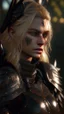 Placeholder: blonde female hunter wearing leather half armour dark fantasy Realistic unreal engine 4k