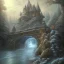 Placeholder: fantasy art of big mad wizard on very tight stone bridge over icy water, on the bridge is a wolf, there is also a hawk and everything is seen from the tree tops