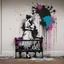 Placeholder: Banksy wall color graffiti depicting a pregnant mother standing wistfully besides a crib, Style by Banksy and Martin Whatson, maudlin, baby mobile, moody, spray paint splatter