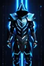 Placeholder: neon blue, floating triangle of light orbiting behind the back, cyber armor, geometric patterns on armor, male, orbiting triangle