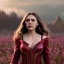 Placeholder: Feiticeira escarlate, Elizabeth Olsen, feiticeira, magia, bonita, cenário em um campo de flores, cinematográfico, dramático, por do sol, campo de flores, cores frias